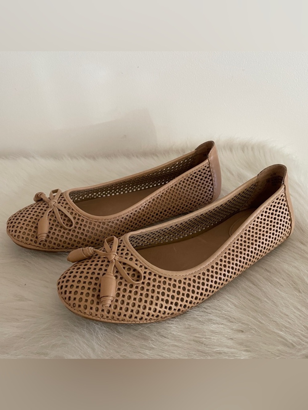 Montana Beige Laser-Cut perforated Bow leather Ballet Flats